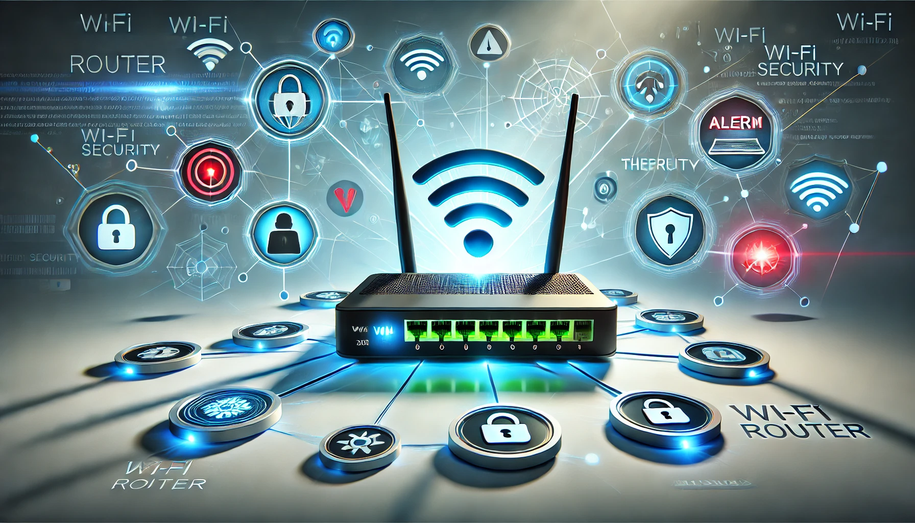 Roteador Wi-Fi moderno com ícones de cadeado e escudo representando segurança, em um ambiente corporativo.